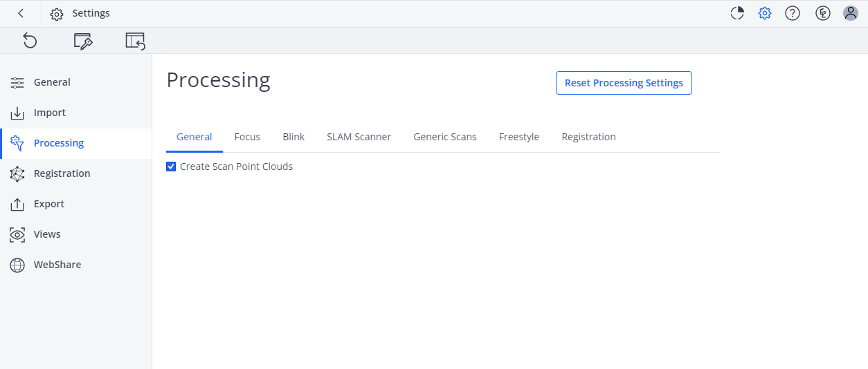 Processing settings page showing the tabs General, Focus, Blink, SLAM Scanner and Registration