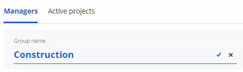Call out of Groups page, tab Managers focussing on the group name