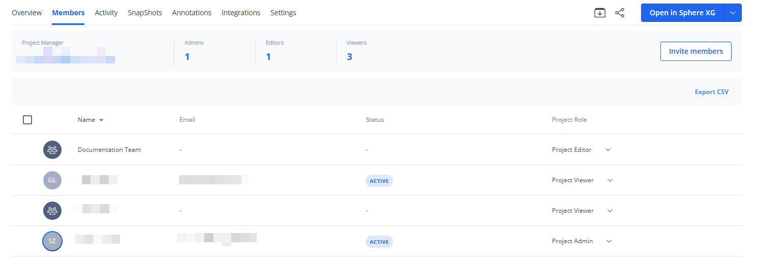 Projects page, Members tab showing the single users and teams