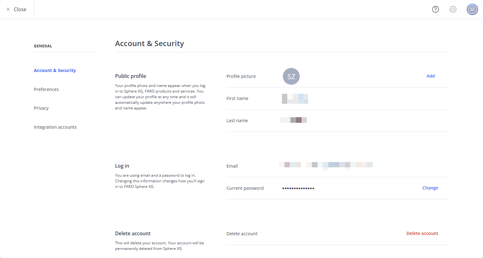 Profile page, Account and Security tab showing the public profile, log-in credentials and cookie preferences