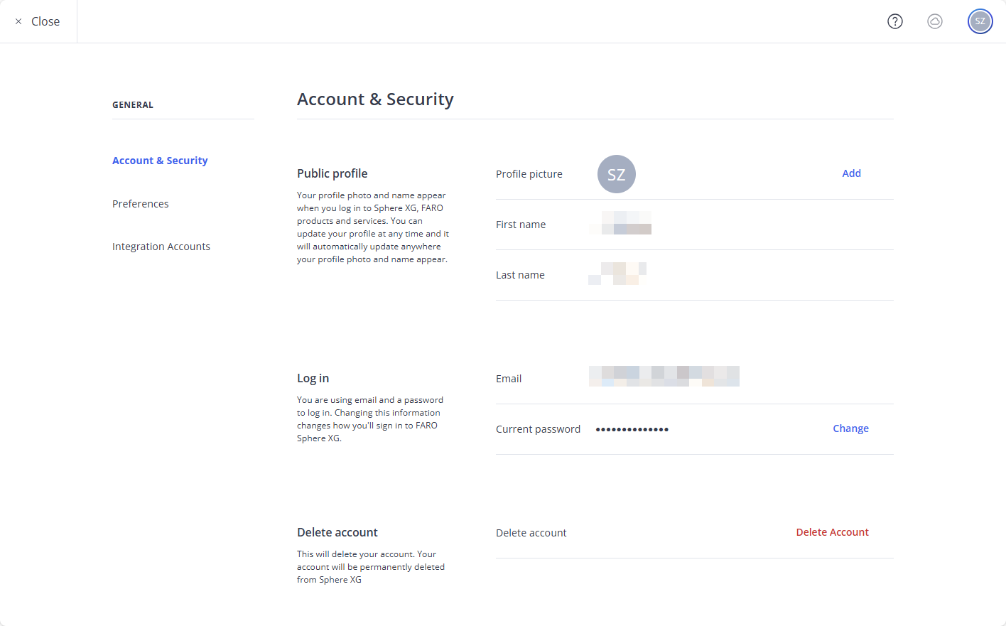 Profile page, Account and Security tab showing the public profile, log-in credentials and cookie preferences